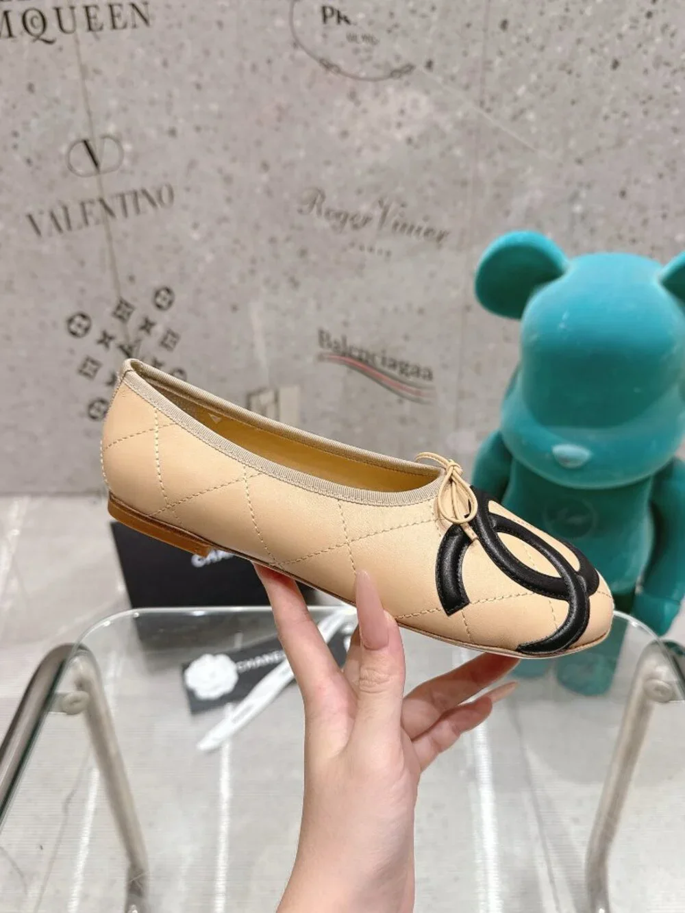 Chanel Flats Beige Quilted Leather Oversized CC Bow Ballet Flats